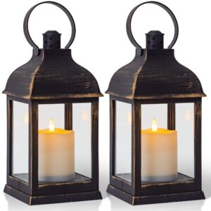 yongmao vintage lantern decorative led flickering flameless candle with timer, battery powered led decorative hanging golden brushed black lanterns for indoor outdoor garden yard home decor(2 pack)