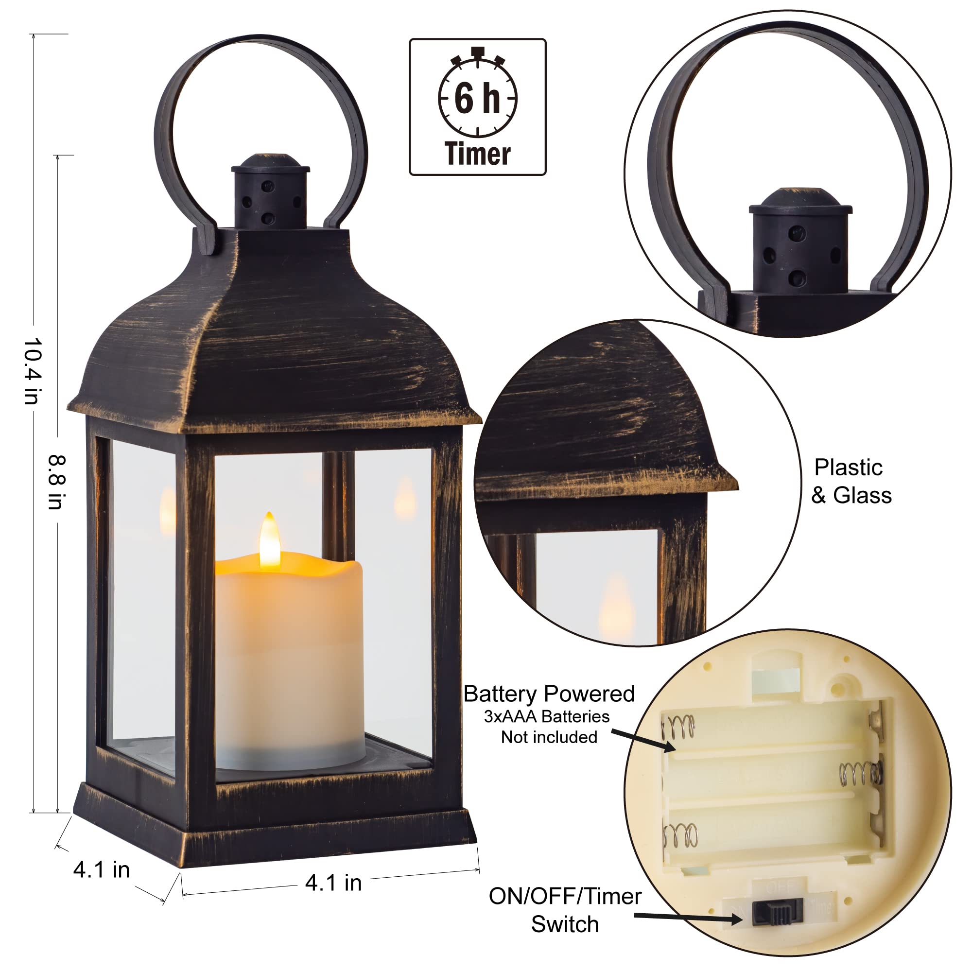 Yongmao Vintage Lantern Decorative LED Flickering Flameless Candle with Timer, Battery Powered LED Decorative Hanging Golden Brushed Black Lanterns for Indoor Outdoor Garden Yard Home Decor(2 Pack)