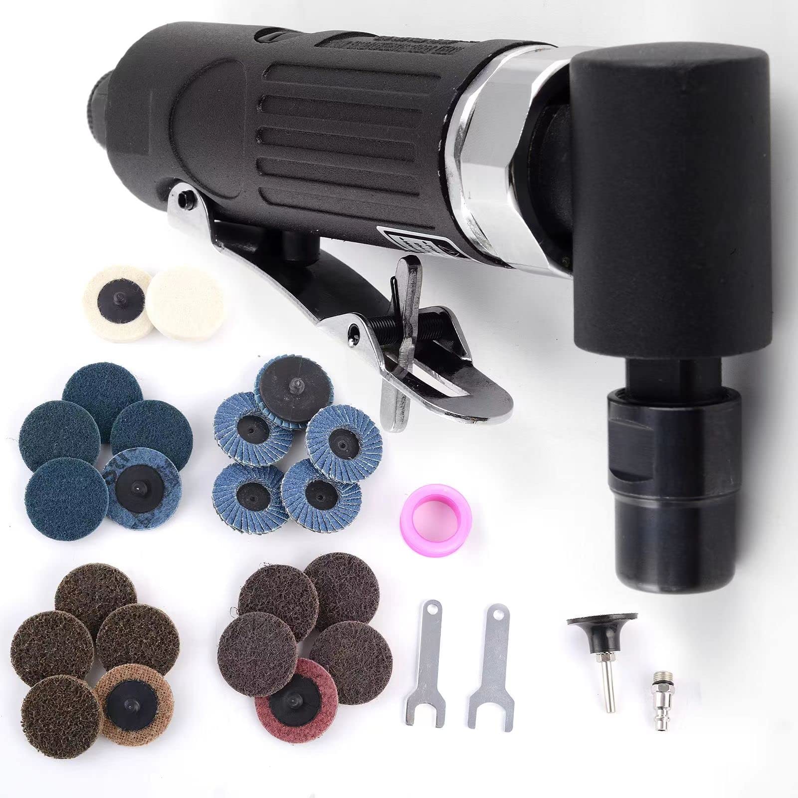 YON.SOU. Air Die Grinder - 1/4" with 22 pcs 2-inch roll lock sanding discs, Right Angle, 20,000 RPM, Pneumatic Power, 90 Degree,Small, air die grinder kit