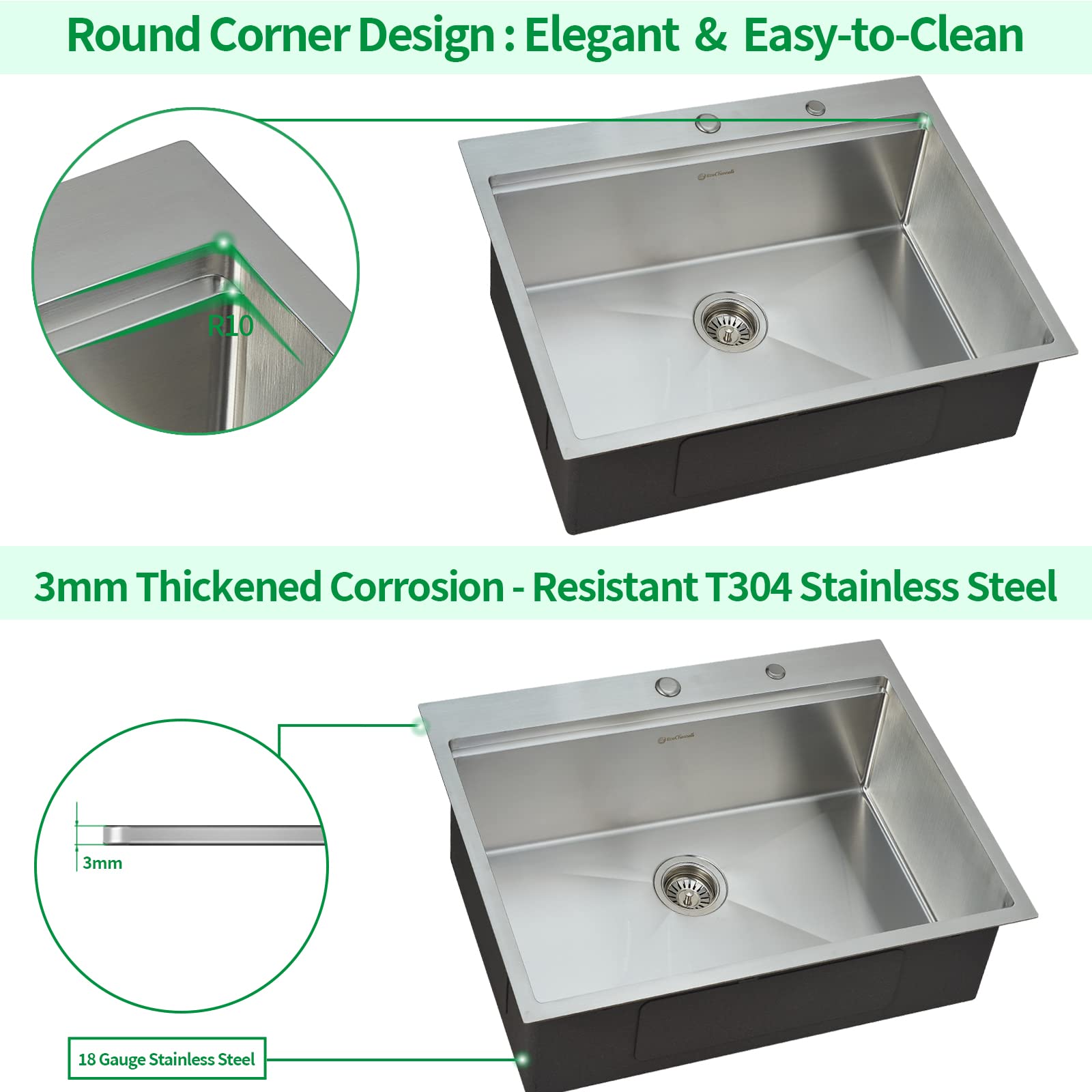 EcoChannels Kitchen Sink, 25 x 22 Inch Drop in Kitchen Sink Stainless Steel Topmount Kitchen Sink Workstation Sink Single Bowl
