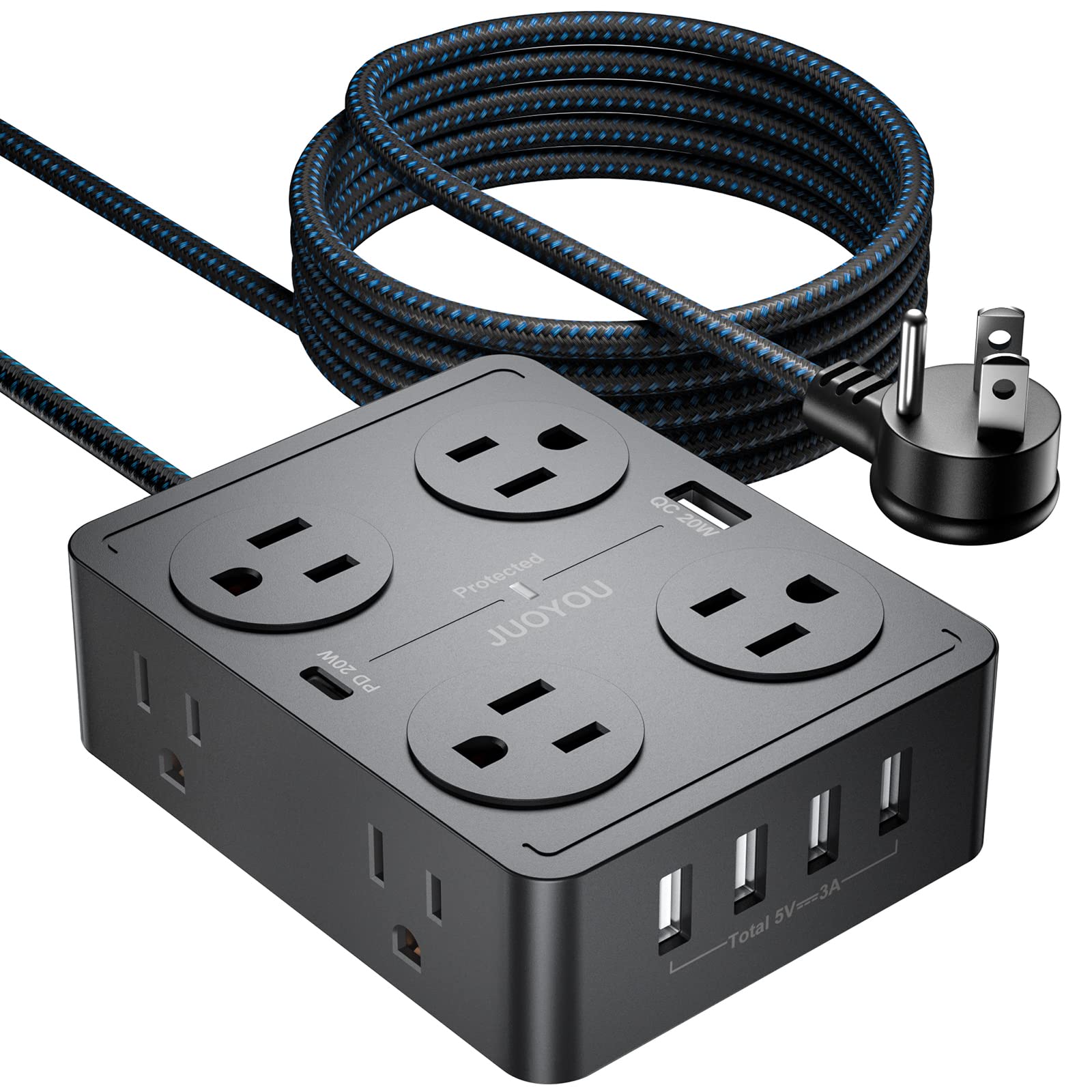 JUOYOU Power Strip Surge Protector - 8 Widely Spaced Outlets with 6 USB Ports(USB C 20W & USB A 20W), 3 Side Outlet Extender with Flat Plug Extension Cord 5 ft