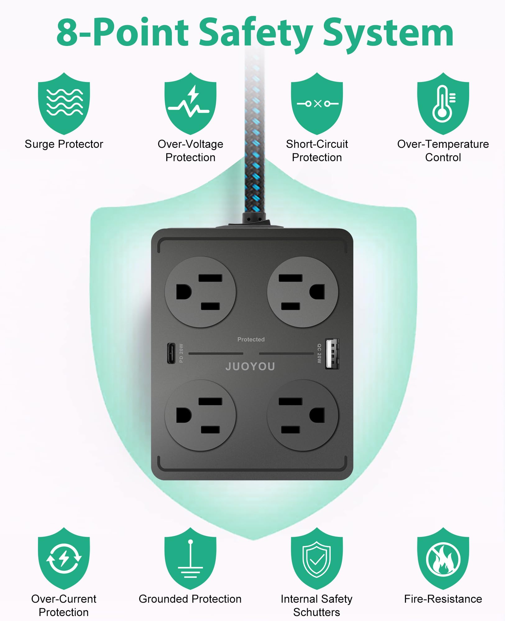 JUOYOU Power Strip Surge Protector - 8 Widely Spaced Outlets with 6 USB Ports(USB C 20W & USB A 20W), 3 Side Outlet Extender with Flat Plug Extension Cord 5 ft