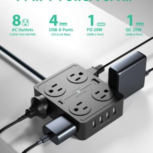 JUOYOU Power Strip Surge Protector - 8 Widely Spaced Outlets with 6 USB Ports(USB C 20W & USB A 20W), 3 Side Outlet Extender with Flat Plug Extension Cord 5 ft