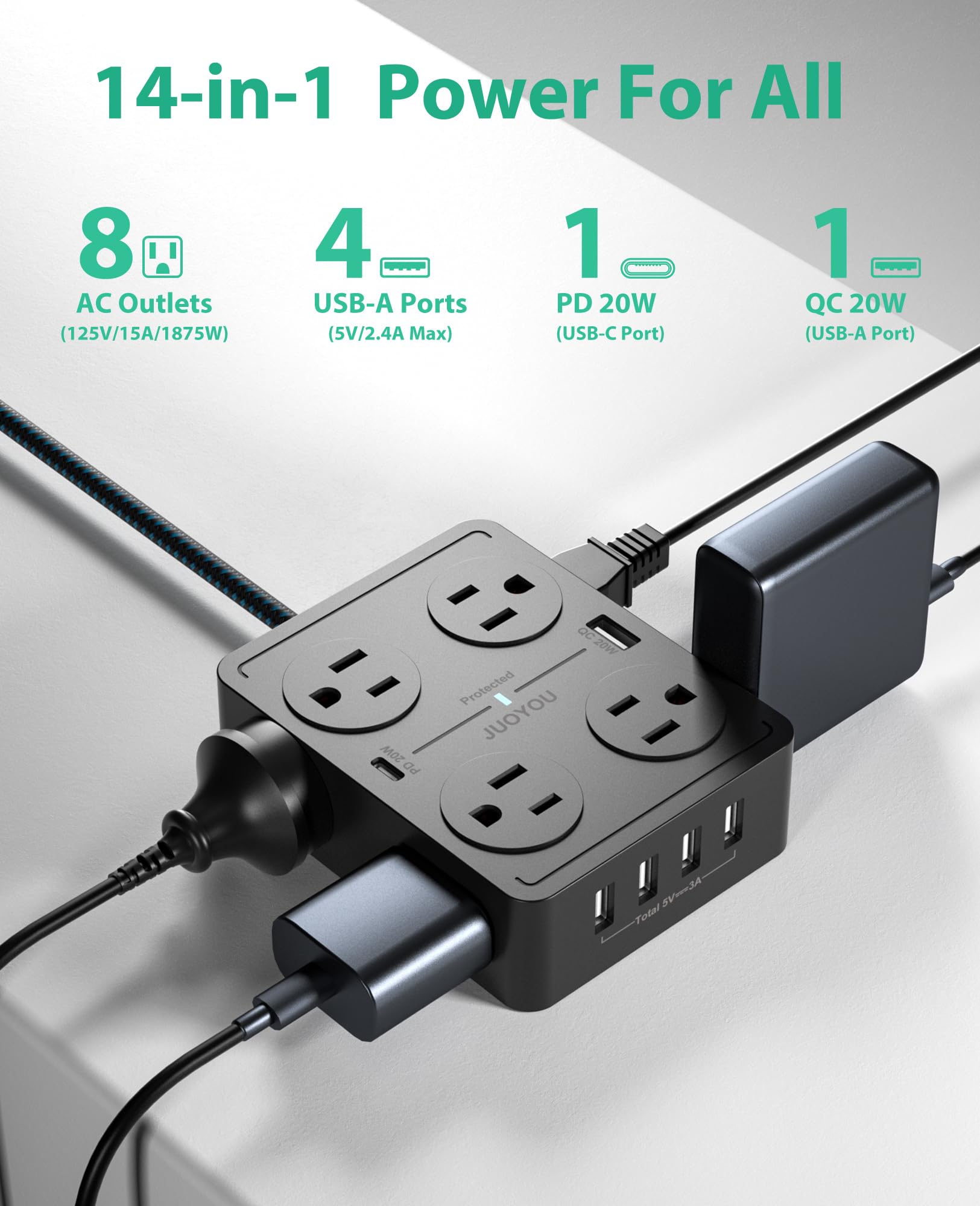 JUOYOU Power Strip Surge Protector - 8 Widely Spaced Outlets with 6 USB Ports(USB C 20W & USB A 20W), 3 Side Outlet Extender with Flat Plug Extension Cord 5 ft