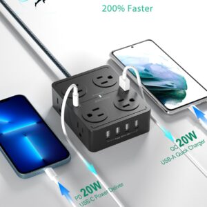 JUOYOU Power Strip Surge Protector - 8 Widely Spaced Outlets with 6 USB Ports(USB C 20W & USB A 20W), 3 Side Outlet Extender with Flat Plug Extension Cord 5 ft