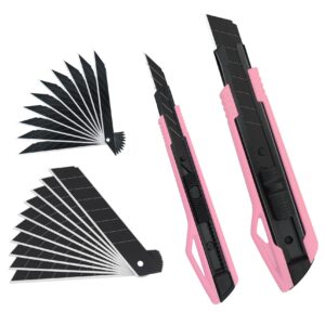 manufore 2 pack pink snap-off utility knife 9mm 30 degree knife and 18mm knife set with 20pcs black blades for cutting paper, cardboard
