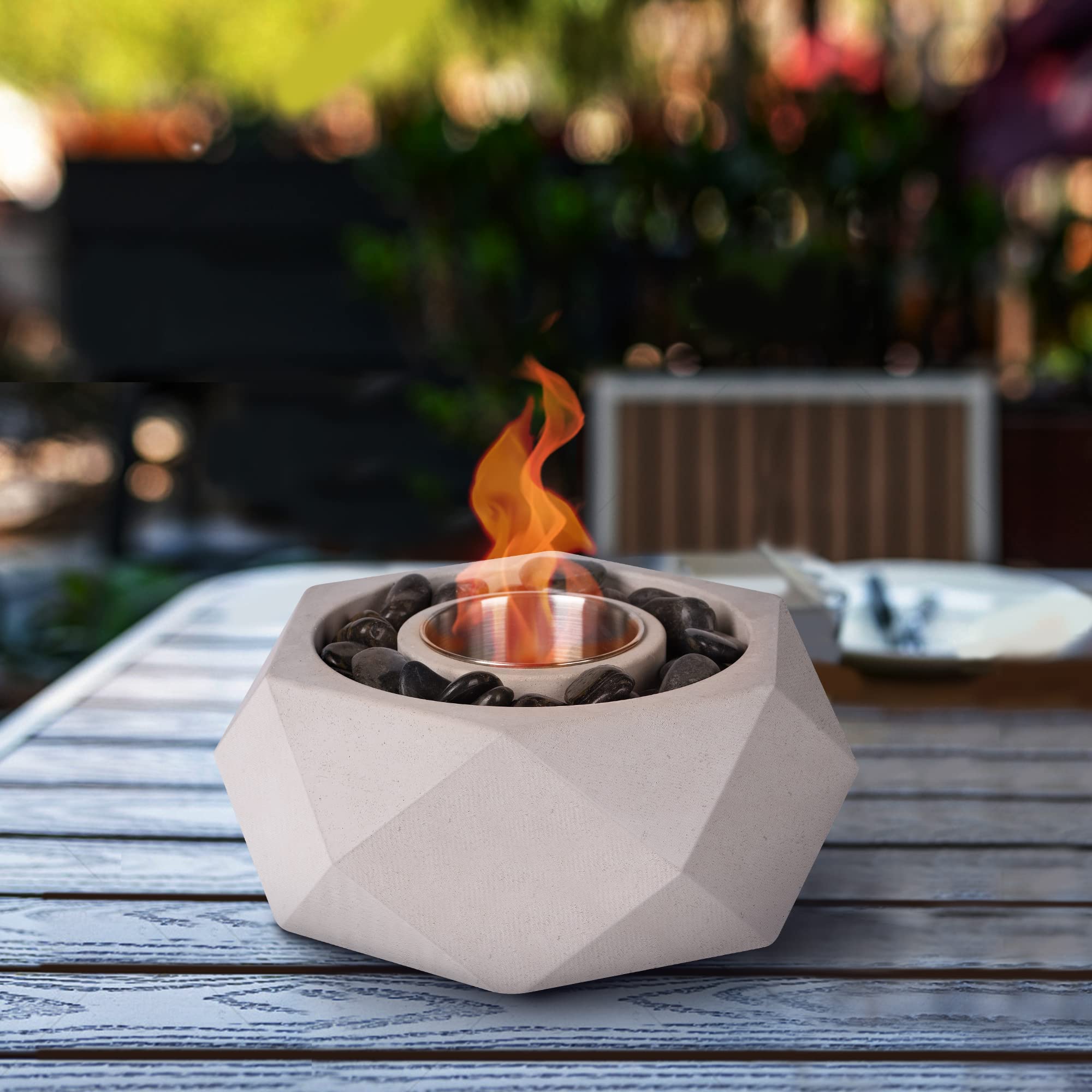 Tabletop Fire Bowl - Extra Large Concrete Table Top Fire Pit Indoor Outdoor Portable Fireplace Geometric Centrepiece, Gray, 9.45 inches