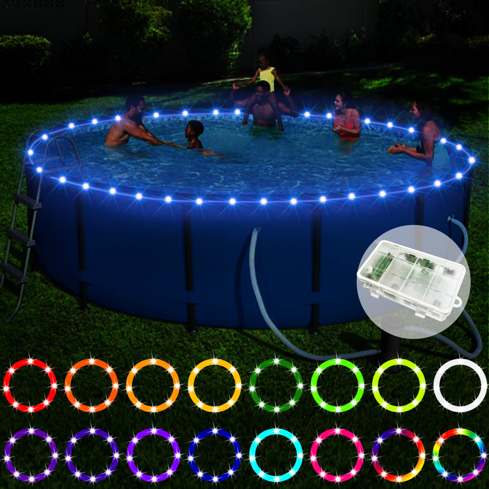 Eliteemo LED Pool Lights for Above Ground Pools, 15Ft Remote Control Submersible Rim Lights, C Battery Box, 16 Color Change by Yourself, Waterproof, Bright to Play at Night Outdoors