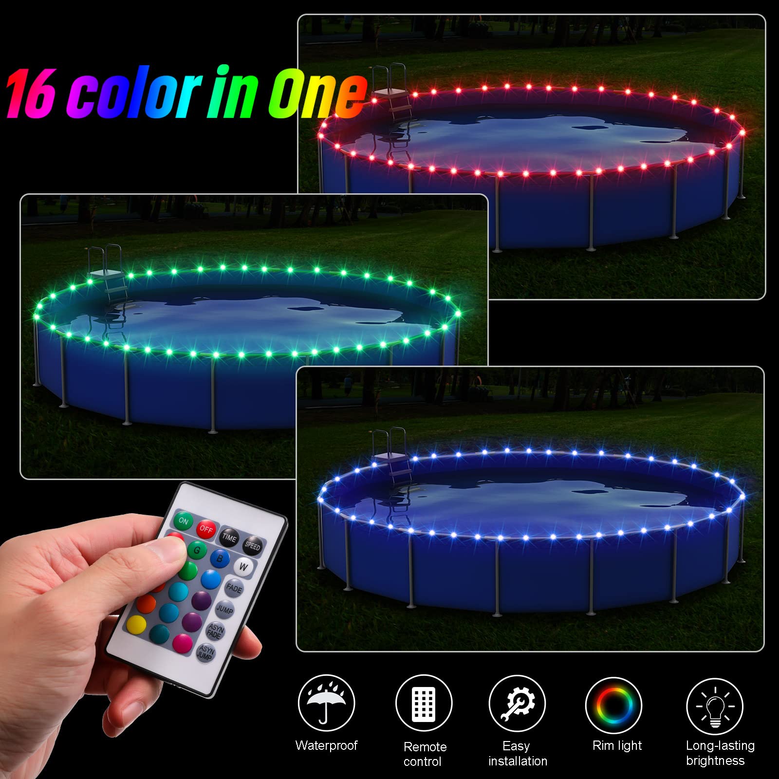 Eliteemo LED Pool Lights for Above Ground Pools, 15Ft Remote Control Submersible Rim Lights, C Battery Box, 16 Color Change by Yourself, Waterproof, Bright to Play at Night Outdoors