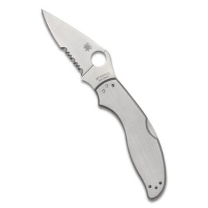 spyderco uptern pocket knife with 8cr13mov blade and stainless steel handle (combinationedge)
