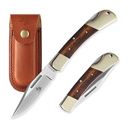 SENBON folding lock back knife 3.3in 440a sharp outdoor knife sand iron wood copper handle with Leather Sheath