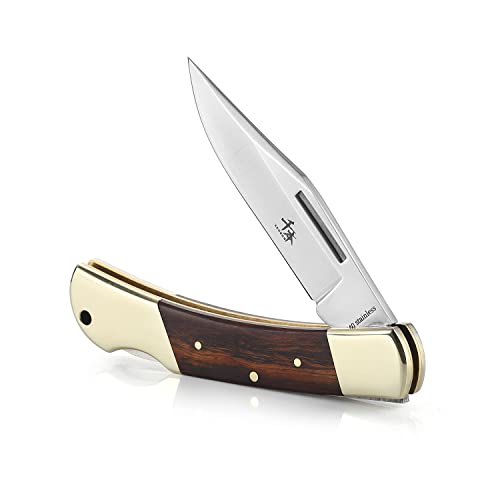 SENBON folding lock back knife 3.3in 440a sharp outdoor knife sand iron wood copper handle with Leather Sheath