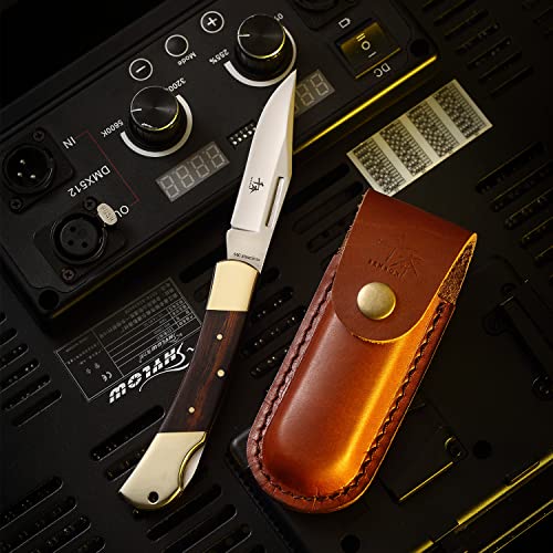 SENBON folding lock back knife 3.3in 440a sharp outdoor knife sand iron wood copper handle with Leather Sheath