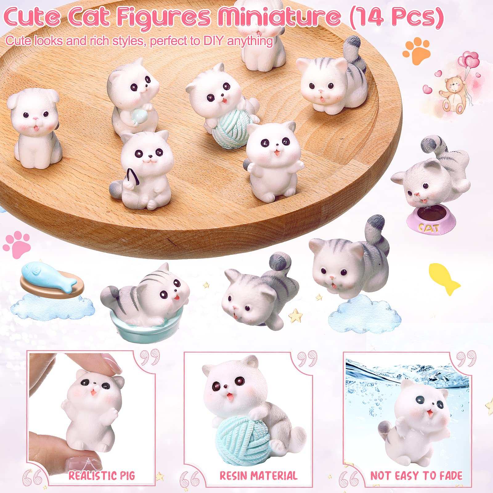 14 Pcs Cat Figurines Cute Miniature Figures Mini Cat Cake Toppers Moss Landscape Waterproof Resin Kitten Garden Miniature Terrarium Figurines for Garden Home Party Cake Decor Supplies (Adorable)