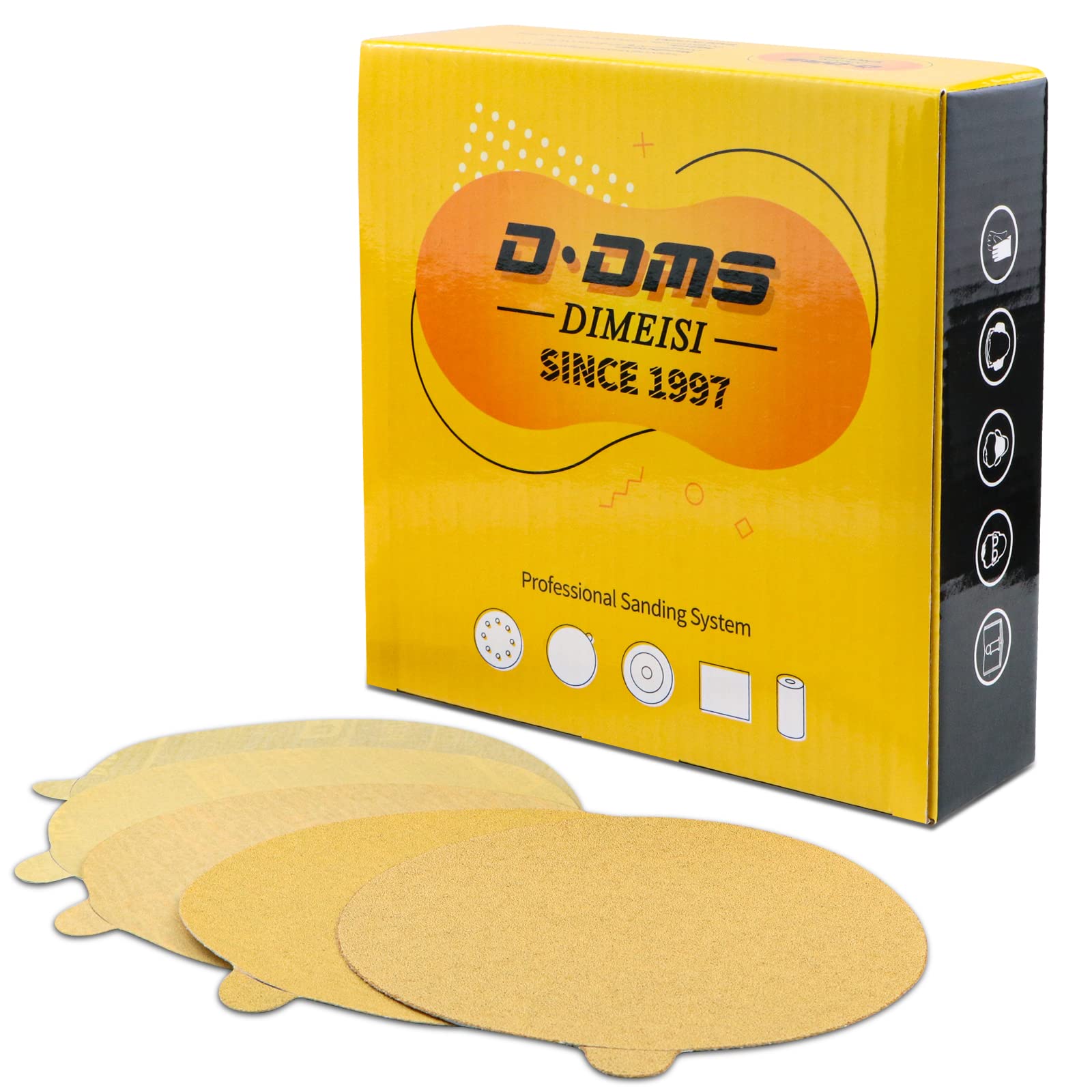 362X - 6 Inch Gold PSA Sanding Discs 80 120 220 320 400 Grit (50 Total, 10 Each), Stick Back Sand Paper for DA Sander, Self Adhesive Sandpaper for Woodworking and Automotive - D DMS DIMEISI