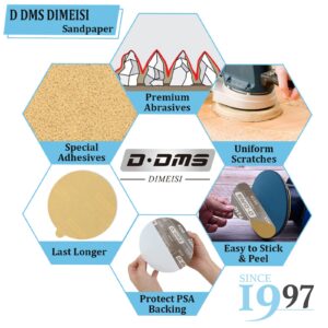 362X - 6 Inch Gold PSA Sanding Discs 80 120 220 320 400 Grit (50 Total, 10 Each), Stick Back Sand Paper for DA Sander, Self Adhesive Sandpaper for Woodworking and Automotive - D DMS DIMEISI