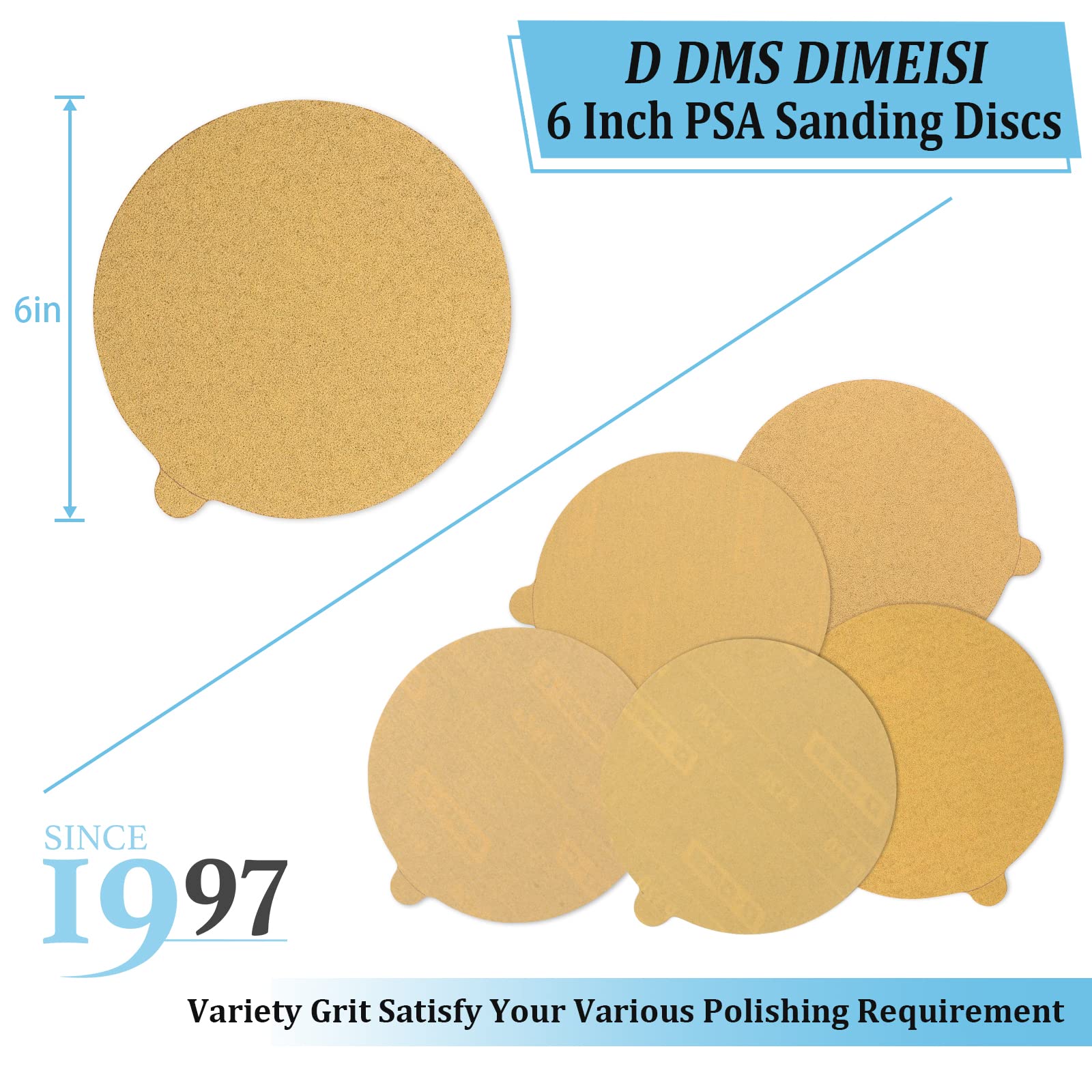 362X - 6 Inch Gold PSA Sanding Discs 80 120 220 320 400 Grit (50 Total, 10 Each), Stick Back Sand Paper for DA Sander, Self Adhesive Sandpaper for Woodworking and Automotive - D DMS DIMEISI