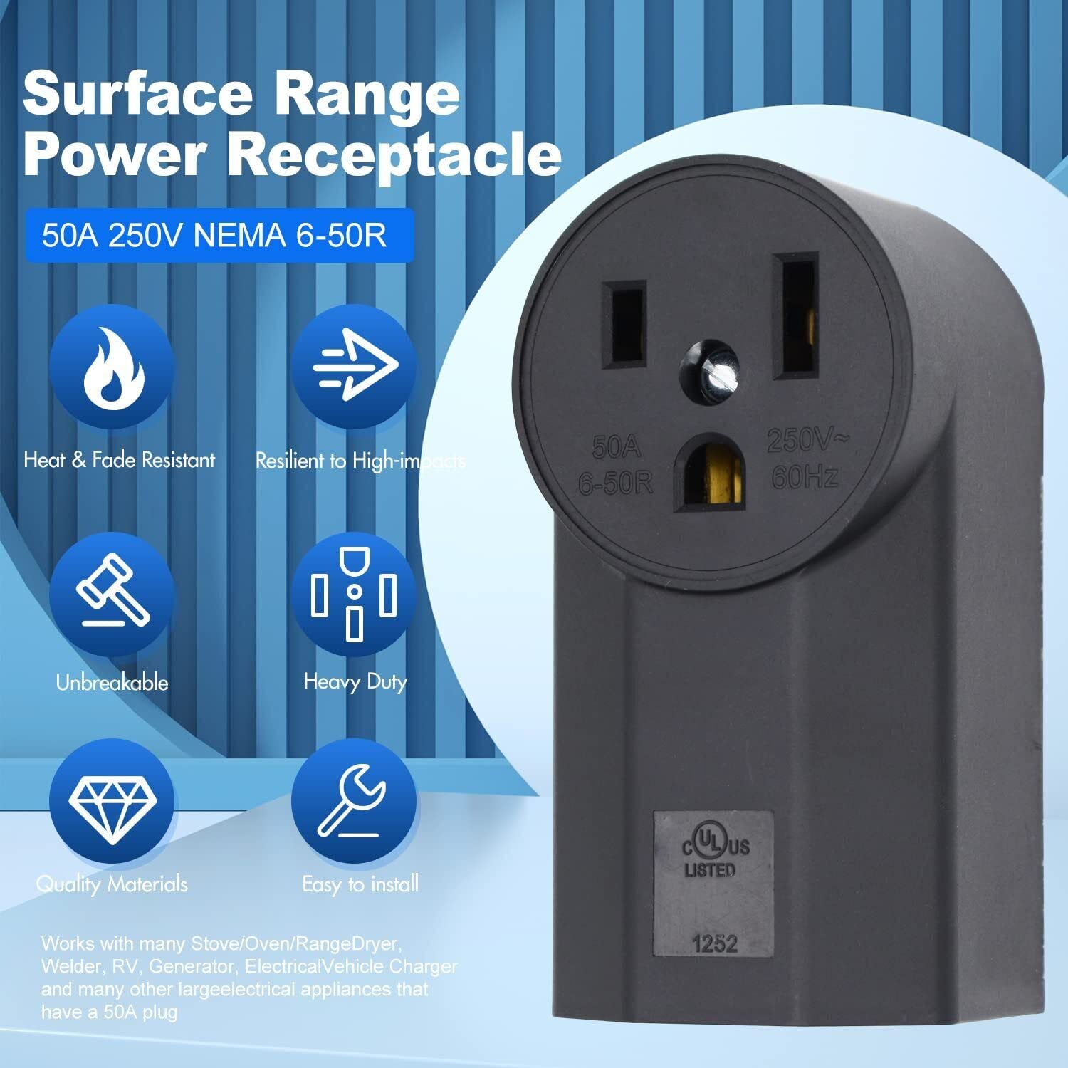 NEMA 6-50R Receptacle 2-Pole 3-Wire Surface Mount Power Receptacle 250V 50A UL Listed, Micmi Black (NEMA 6-50R)