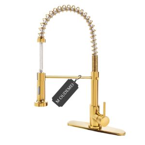 m oudemei commercial pull down kitchen sink faucet with dual function sprayer, single handle spring faucets with deck plate, high arc kitchen faucet for 1 or 3 hole easy installation (polished gold)