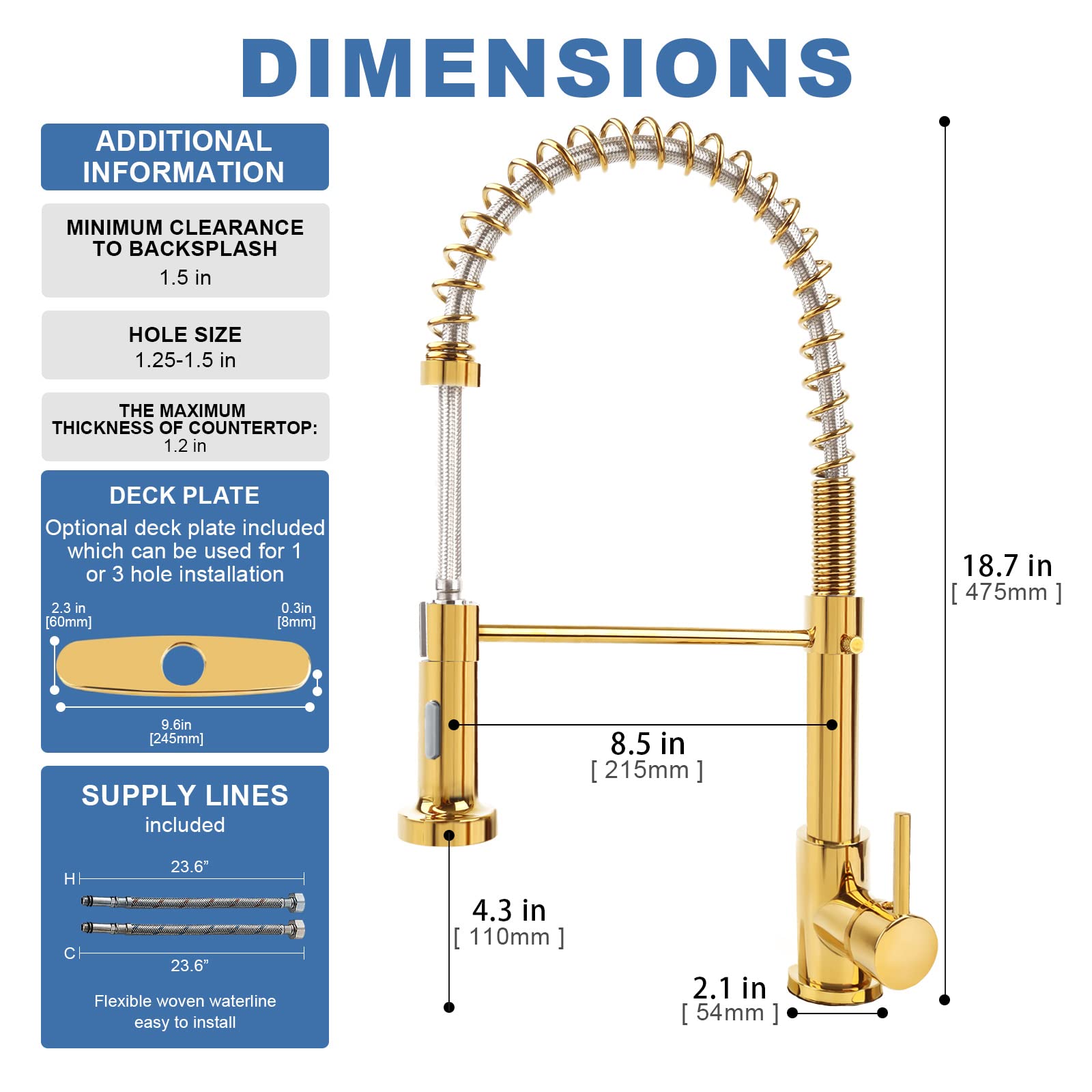 M OUDEMEI Commercial Pull Down Kitchen Sink Faucet with Dual Function Sprayer, Single Handle Spring Faucets with Deck Plate, High Arc Kitchen Faucet for 1 OR 3 Hole Easy Installation (Polished Gold)