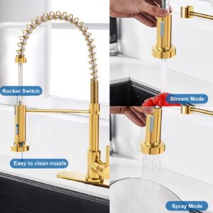 M OUDEMEI Commercial Pull Down Kitchen Sink Faucet with Dual Function Sprayer, Single Handle Spring Faucets with Deck Plate, High Arc Kitchen Faucet for 1 OR 3 Hole Easy Installation (Polished Gold)