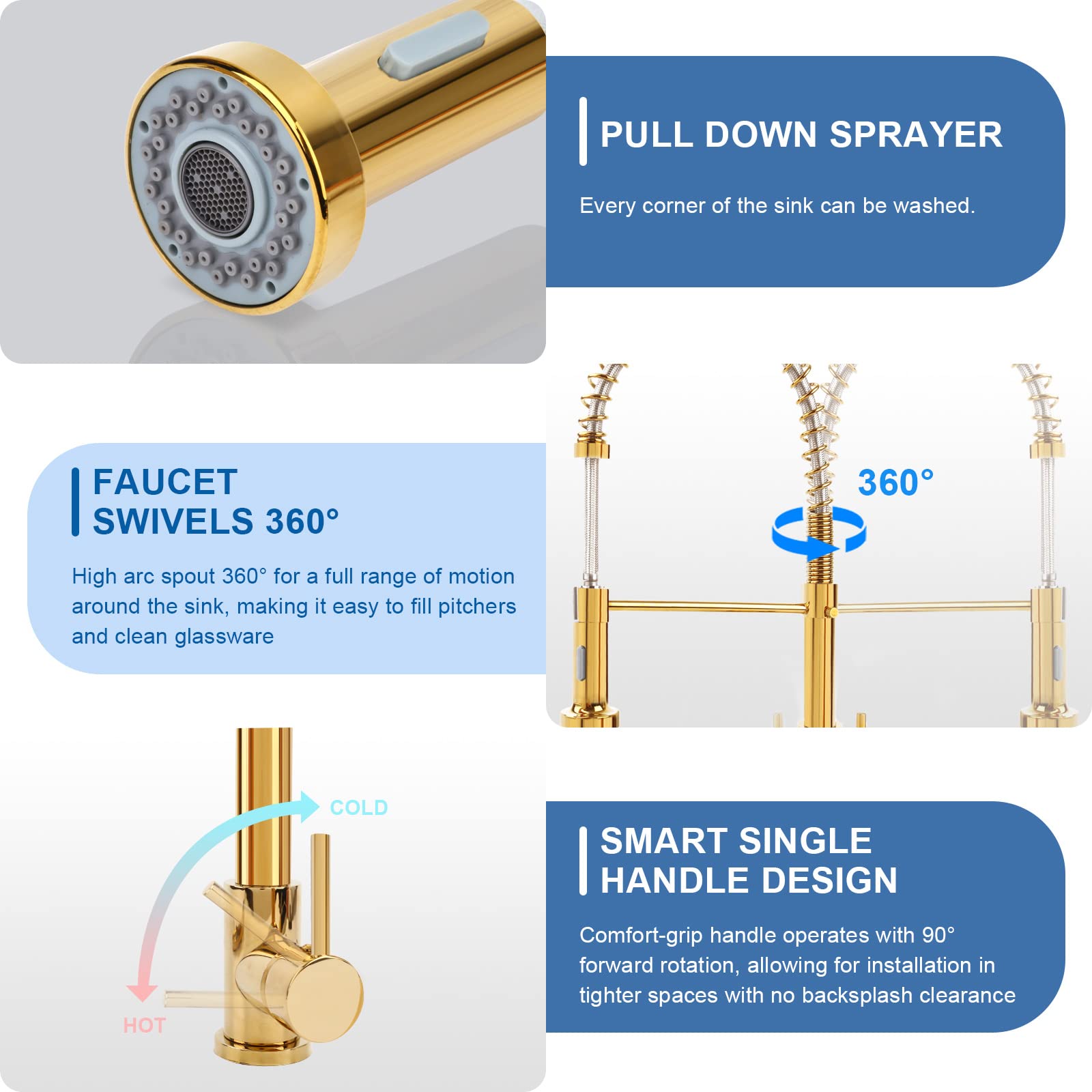 M OUDEMEI Commercial Pull Down Kitchen Sink Faucet with Dual Function Sprayer, Single Handle Spring Faucets with Deck Plate, High Arc Kitchen Faucet for 1 OR 3 Hole Easy Installation (Polished Gold)