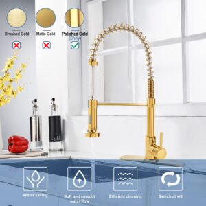 M OUDEMEI Commercial Pull Down Kitchen Sink Faucet with Dual Function Sprayer, Single Handle Spring Faucets with Deck Plate, High Arc Kitchen Faucet for 1 OR 3 Hole Easy Installation (Polished Gold)