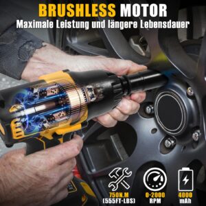 Alloyman 1/2 inch Impact Wrench Cordless, Max Torque 555 Ft-lbs Battery Impact Wrench 20V Brushless Motor 2000 RPM, with 6 Sockets, 3 Extension Bars, 4.0 AH Li-ion Battery and 1 Hour Fast Charge