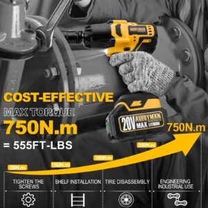 Alloyman 1/2 inch Impact Wrench Cordless, Max Torque 555 Ft-lbs Battery Impact Wrench 20V Brushless Motor 2000 RPM, with 6 Sockets, 3 Extension Bars, 4.0 AH Li-ion Battery and 1 Hour Fast Charge