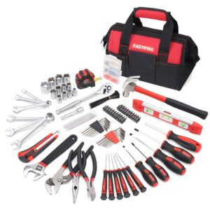 fastpro 236-piece home repairing tool set, mechanics hand tool kit with 12-inch wide mouth open storage bag, household tool set for diy, home maintenance, red