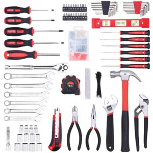 FASTPRO 236-Piece Home Repairing Tool Set, Mechanics Hand Tool Kit with 12-Inch Wide Mouth Open Storage Bag, Household Tool Set for DIY, Home Maintenance, Red