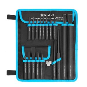 duratech 18 piece punch/chisel/alignment tool set, including pin punch, center punch, nail punch, alignment tool, cold chisel, chisel gauge, for removing repair tool, with rolling pouch