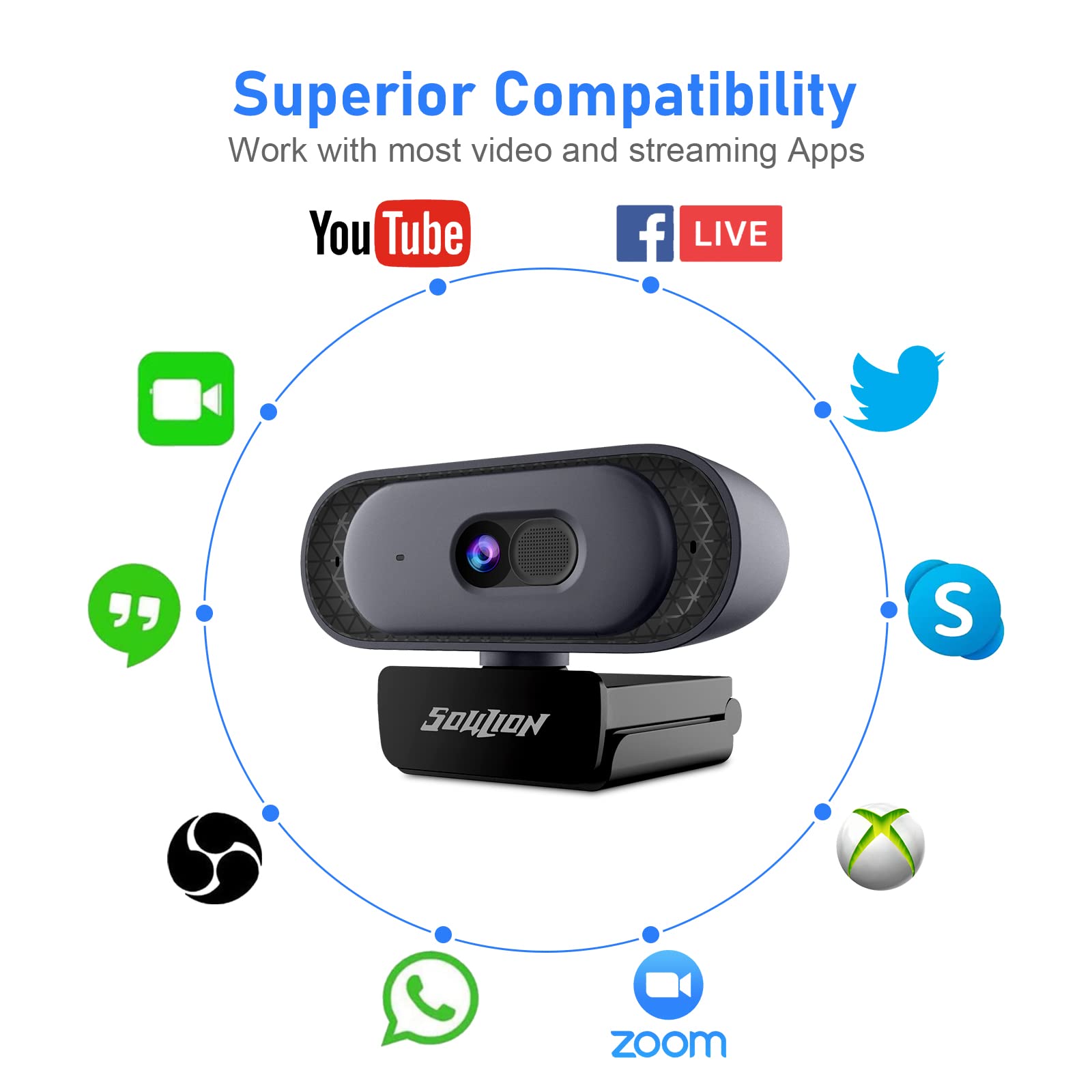 SOULION C30 Webcam, 2K HD 1080p 60fps Web Camera for Desktop Computer, USB Web Camera with Microphone Private Cover for Home Study, Conference, Recording, Streaming