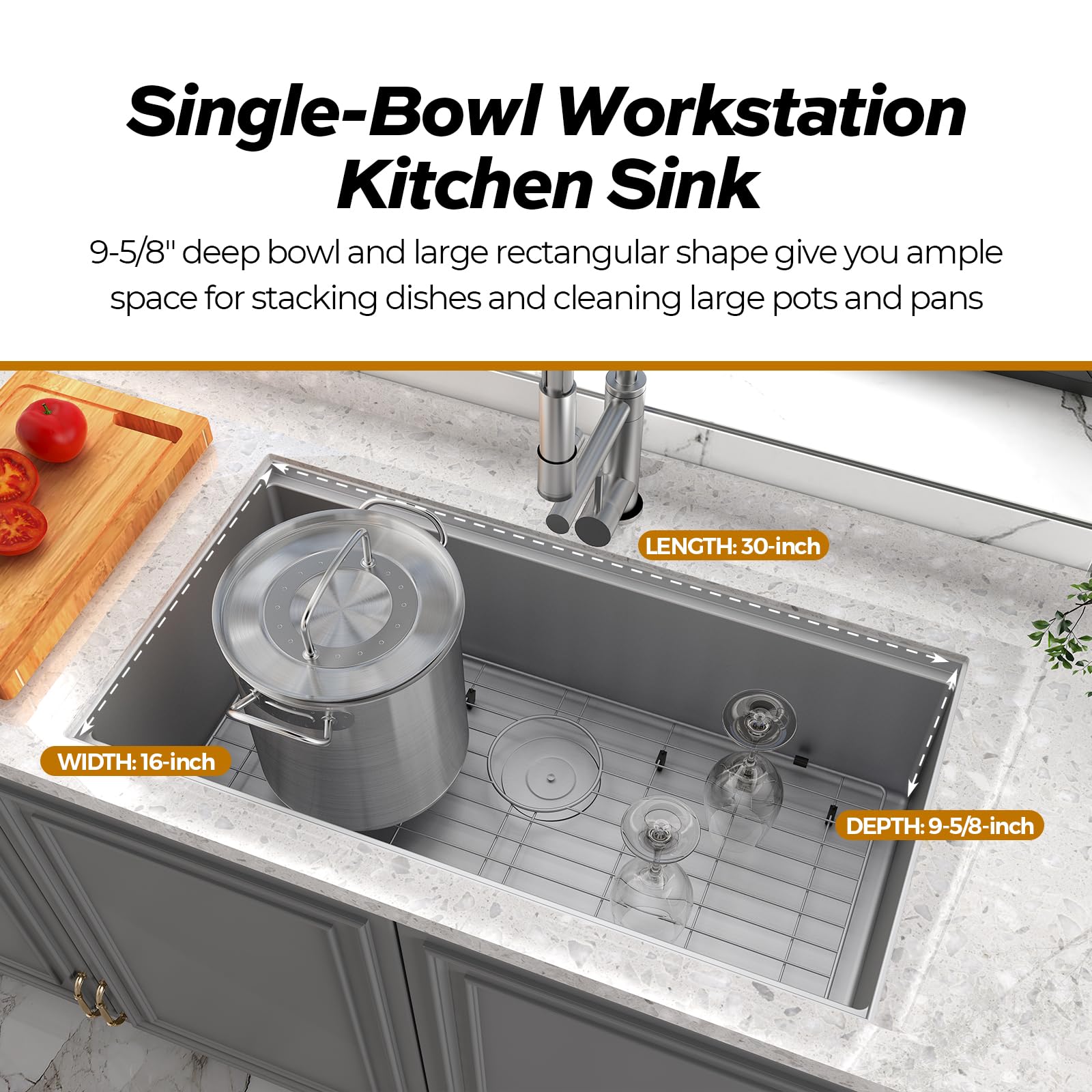 TECASA 32 inch Workstation Kitchen Sink, Undermount Deep Single Bowl, Stainless Steel with Integrated Ledge and Accessories (Pack of 5), World-class Manufacturing Standard (32" x 18" x 10")