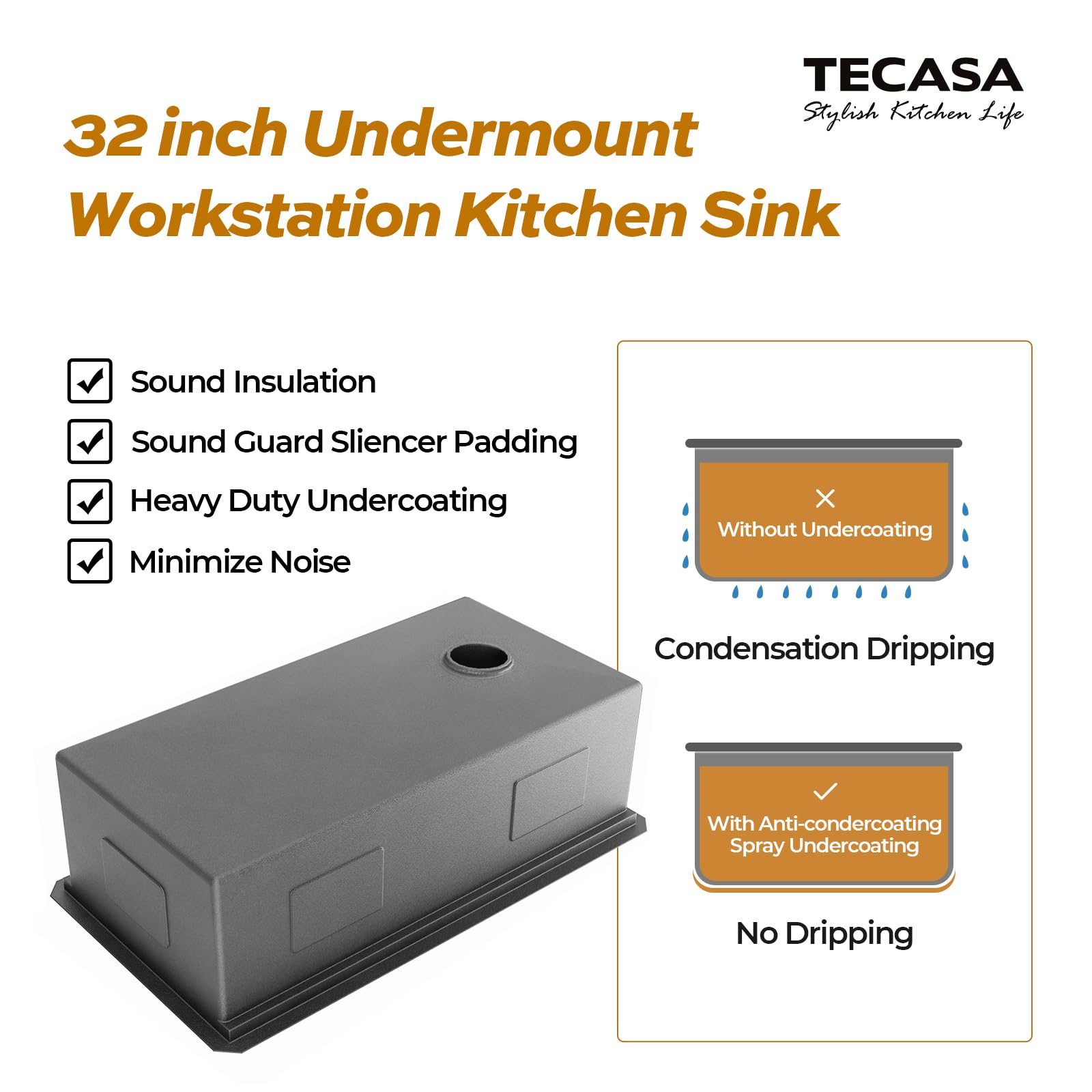 TECASA 32 inch Workstation Kitchen Sink, Undermount Deep Single Bowl, Stainless Steel with Integrated Ledge and Accessories (Pack of 5), World-class Manufacturing Standard (32" x 18" x 10")