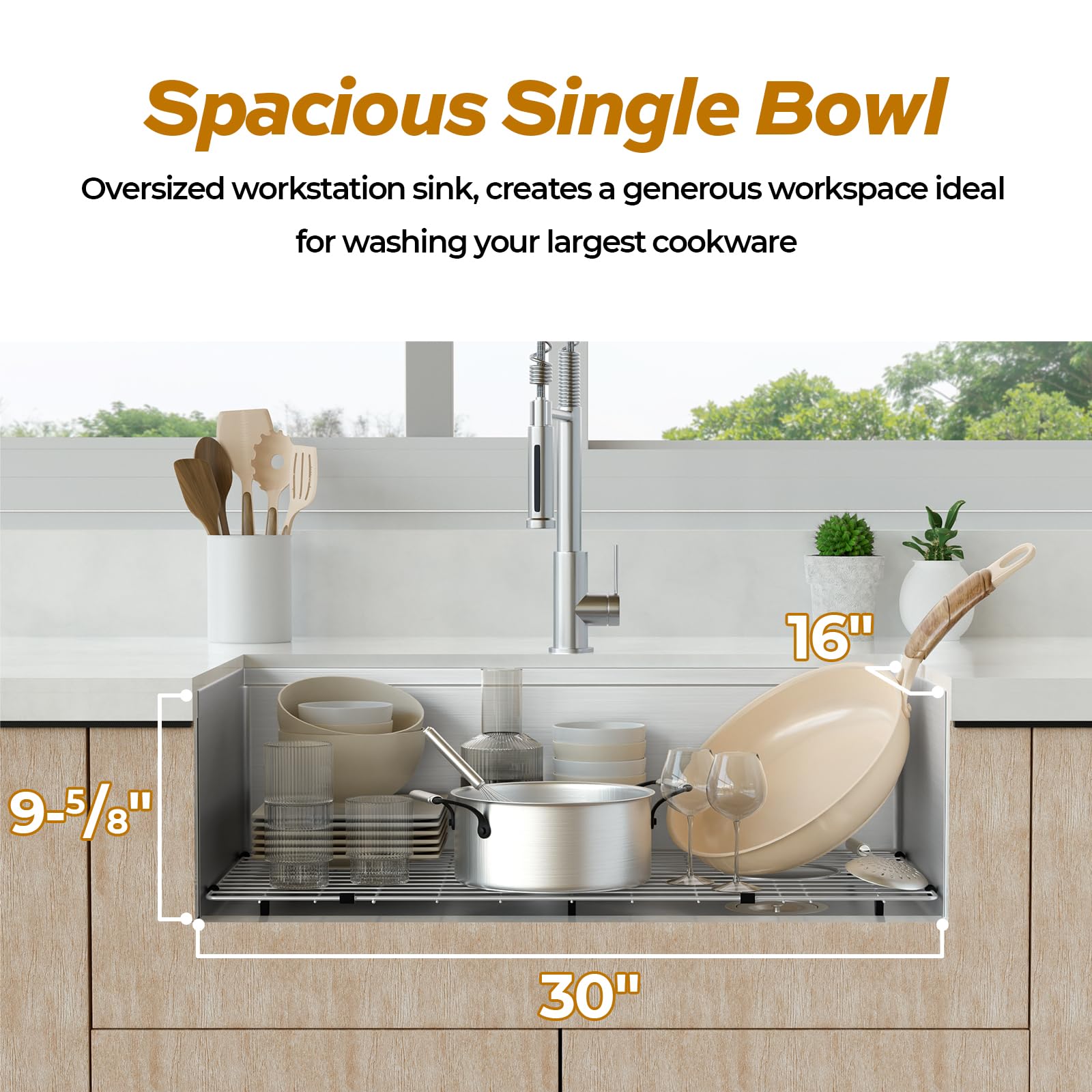 TECASA 32 inch Workstation Kitchen Sink, Undermount Deep Single Bowl, Stainless Steel with Integrated Ledge and Accessories (Pack of 5), World-class Manufacturing Standard (32" x 18" x 10")