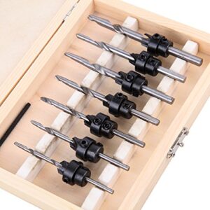 youwise countersink drill bits set 7pcs counter sink bit for wood high speed steel, woodworking carpentry reamer with 1 hex key wrench and wooden box