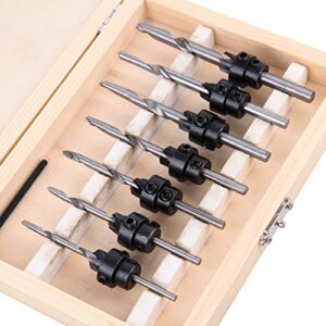 Youwise Countersink Drill Bits Set 7PCS Counter Sink Bit for Wood High Speed Steel, Woodworking Carpentry Reamer with 1 Hex Key Wrench and Wooden Box