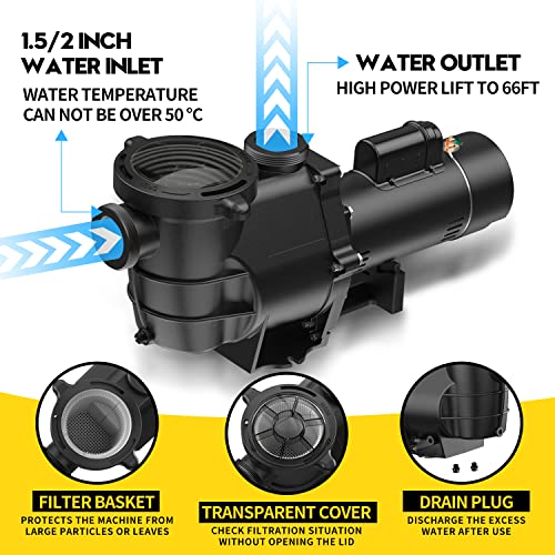 BRIOPAWS 2HP Dual Speed Pool Pump, 6420GPH Flow, 66FT Head Lift, 1.5" and 2" Fittings, Self-Priming Water Pump for Inground/Above Ground/Seawater Pools and Hot Tubs, ONLY 230V 60HZ AC