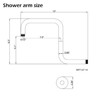 13 Inches S-Shaped Black Shower Arm with Flange High Rise Extender, 13 Inches Long Stainless Steel Rainfall Shower Head Pipe Arm