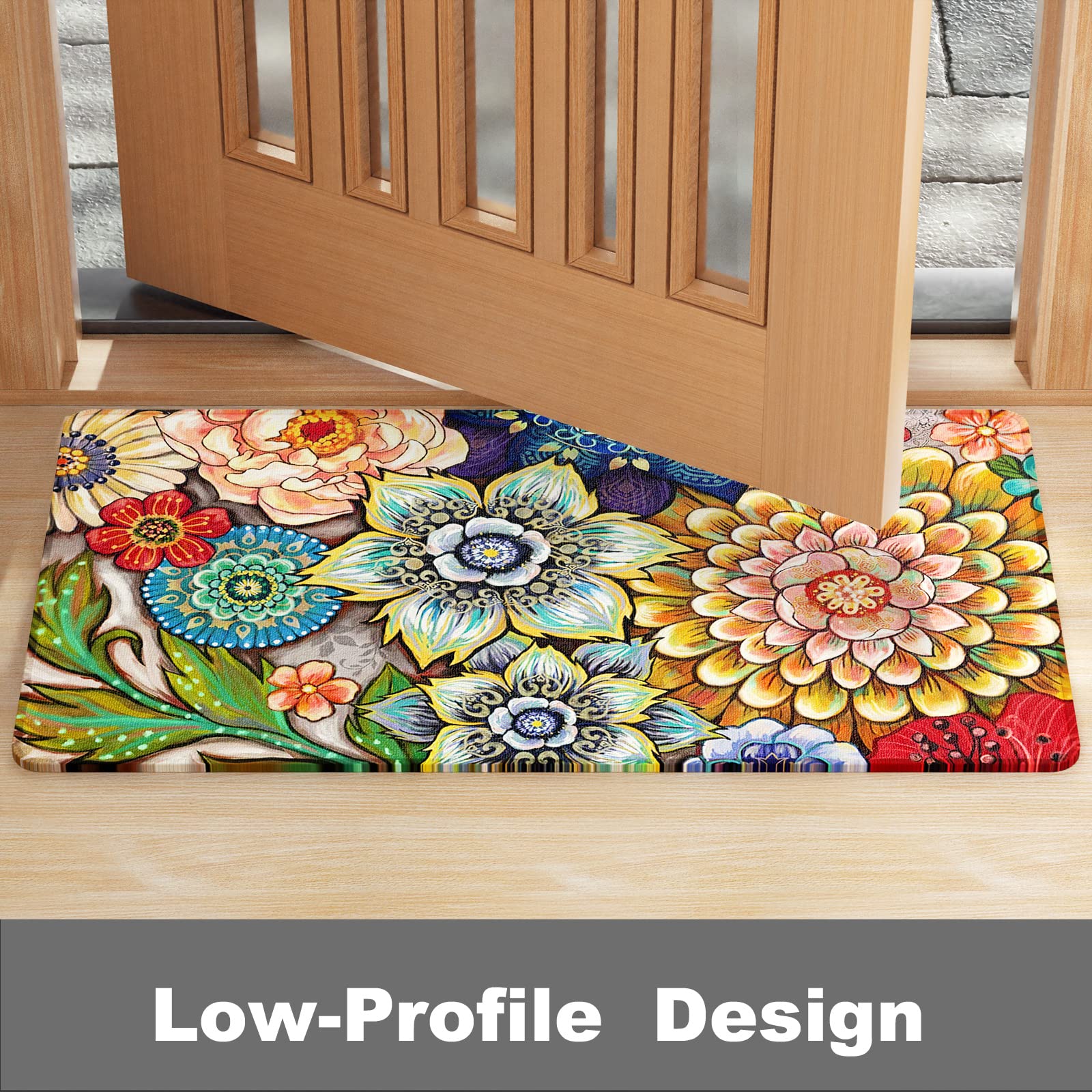 Rnivvi Front Door Mat, 30"x17" Flower Theme Indoor Outdoor Welcome Mat, Heavy Duty Low Profile Anti-slip Entryway Rug for Home Entrance, Floor, Patio Entry, Mud Room, Cute Mandala Floral Decor Doormat