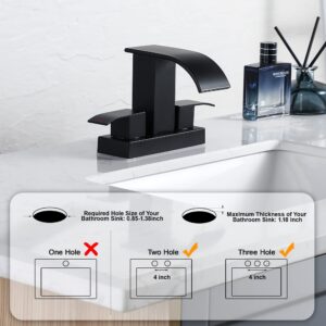 TIORIY Matte Black 2-Handle Bathroom Faucet - 4 Inch Centerset Sink Faucet, 3 Hole Widespread Waterfall Bathroom Sink Faucet, Lavatory Vanity Faucet with Supply, Stainless Steel Washbasin Faucet