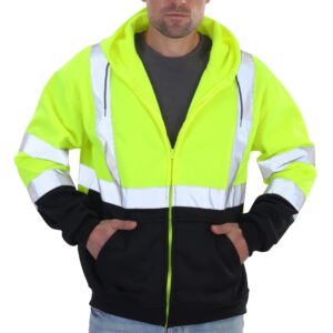 sesafety high visibility safety sweatshirt for men, class 3 reflective zippered hooded sweatshirt, hi-vis safety hoodie with black bottom, yellow, xl