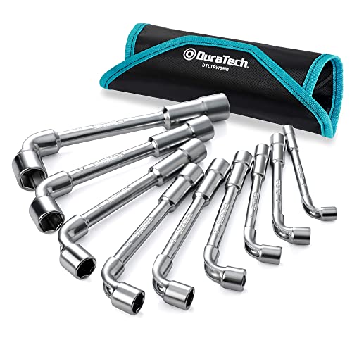 DURATECH L-Type Pipe Perforation Elbow Wrench Set, L Shaped Hex Socket Wrench Set, Metric, 9-Piece, 8-19mm, Chrome Alloy Steel, 6 Point, with Rolling Pouch