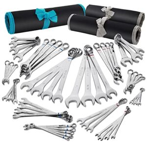 duratech 52-piece combination wrench set, 32pcs combo wrench set & 20pcs stubby wrench set, sae & metric, cr-v steel, with rolling pouch