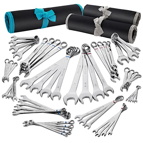 DURATECH 52-Piece Combination Wrench Set, 32PCS Combo Wrench Set & 20PCS Stubby Wrench Set, SAE & Metric, CR-V Steel, with Rolling Pouch