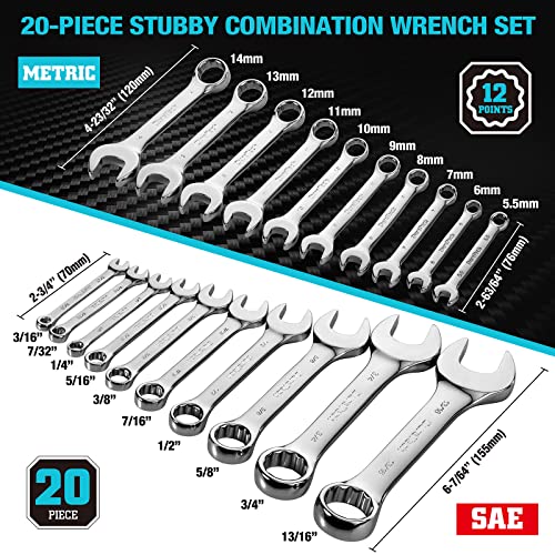 DURATECH 52-Piece Combination Wrench Set, 32PCS Combo Wrench Set & 20PCS Stubby Wrench Set, SAE & Metric, CR-V Steel, with Rolling Pouch