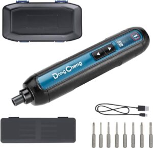 dongcheng 4v cordless electric screwdriver, 2000mah battery powered rechargeable screwdriver with 3 torque setting up to 5n.m, 300rpm, dual led lights, 8pcs 2-inch magnetic screw bits for home diy