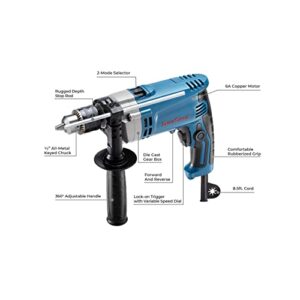 DongCheng Hammer Drill 6A,1/2 Inch Keyed Chuck, 0-3000 RPM/45000 BPM Impact Drill with 15PCS Drilling Bits for Concrete，Metal & Wood, DZJ05-13