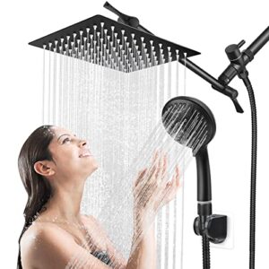 Tiluza 8-Inch Square Rain Shower Head with Handheld, High Pressure, Black Rainfall Waterfall Bathroom Dual 11-Inch Extension Arm, 10 Spray Modes, 60-Inch Hose, Adjustable 180-Degree Angle